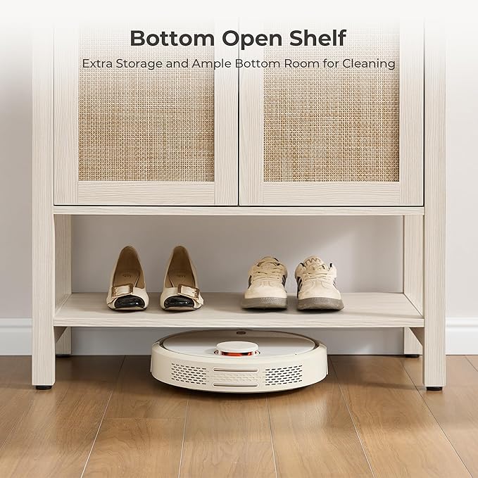 SICOTAS Shoe Cabinet with Storage - 3 Pieces Farmhouse Shoe Organizer with Rattan Doors & Shelves, 5 Tier Free Standing Shoe Rack Storage Cabinet for Entryway, Living Room, Closet (White Cream Oak)