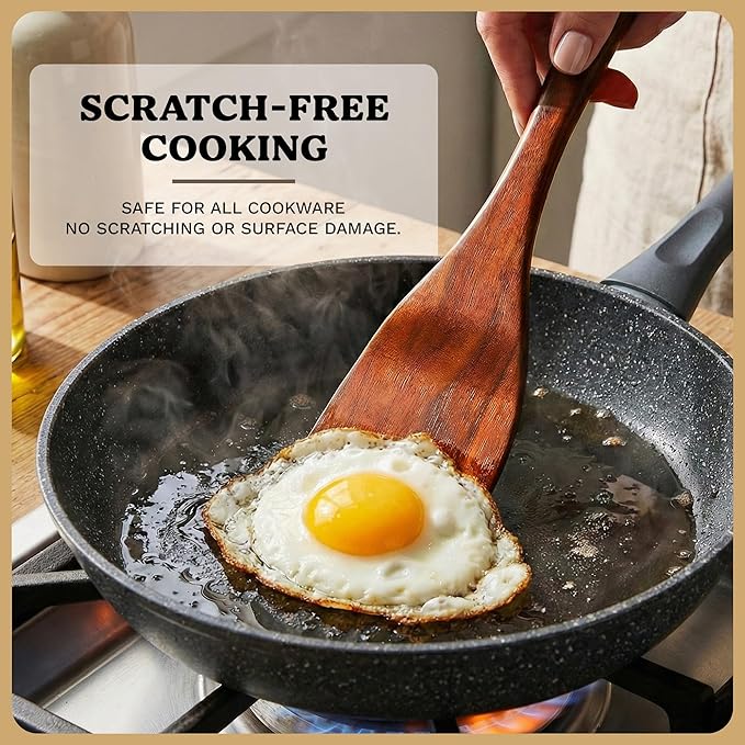 Wooden Spoons for Cooking – 7-Piece Acacia Wood Kitchen Utensil Set, Wooden Spurtles & Paddle Tools, Nonstick Safe Cooking Utensils Set Wood for Everyday Kitchen Use