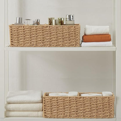 Vagusicc Set of 2 Wicker Storage Basket for for Shelves, Baskets for Organizing, Toilet Paper Basket for Toilet Tank Top, 2-Section, Natural