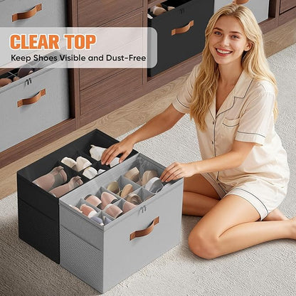2 Pack Shoe Organizer for Closet,Foldable Shoe Storage Organizer with Adjustable Dividers, Shoe Storage Box with Clear Cover, Fits up to 16 Pairs,Black & Gray