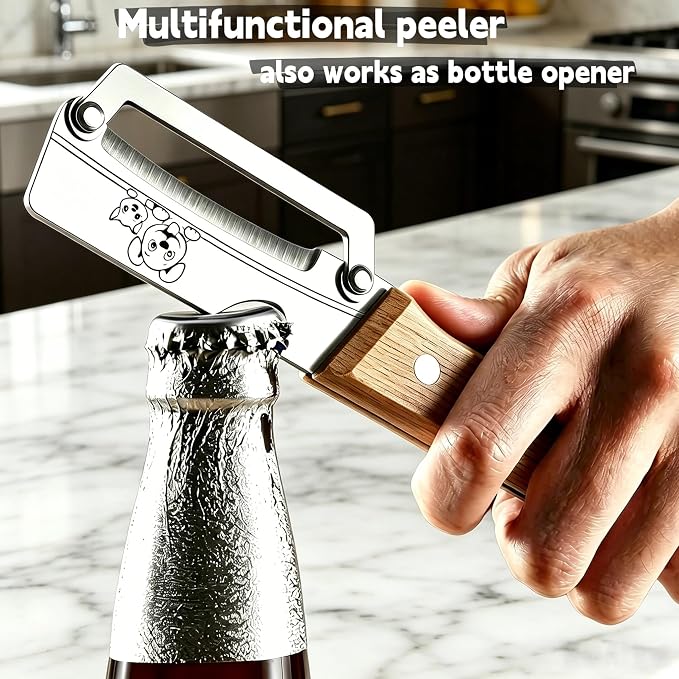TEEVEA Vegetable Peeler, Stainless Steel Blade Wooden Handle | Multifunctional 2-in-1 kitchen tool, zero flex zero snag, with bottle opener for fruit potato apple veggie