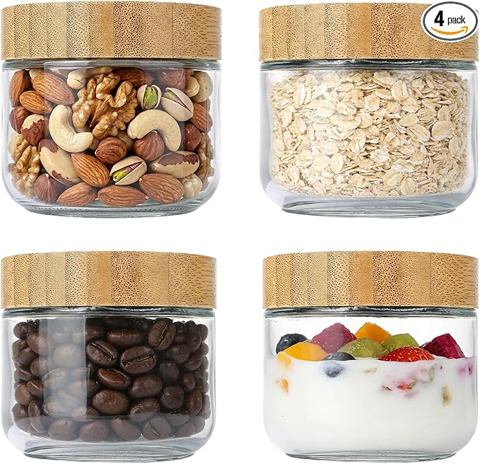 4 Pack 10oz Glass Jars with Bamboo Airtight Lids - Wide Mouth Food Storage Containers for Yogurt Chia Pudding Salad Spice Sugar