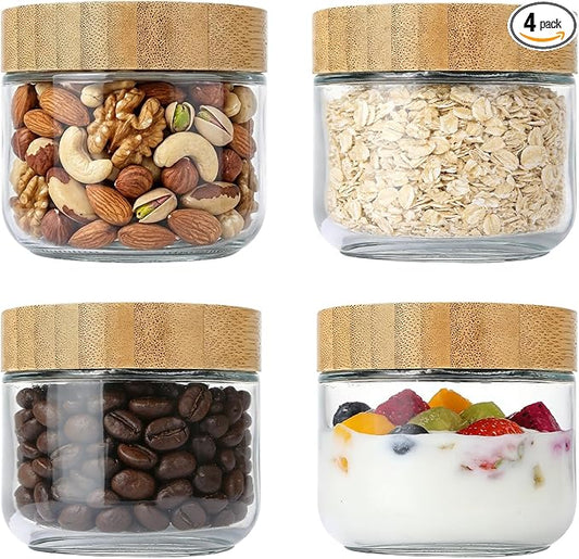 4 Pack 10oz Glass Jars with Bamboo Airtight Lids - Wide Mouth Food Storage Containers for Yogurt Chia Pudding Salad Spice Sugar