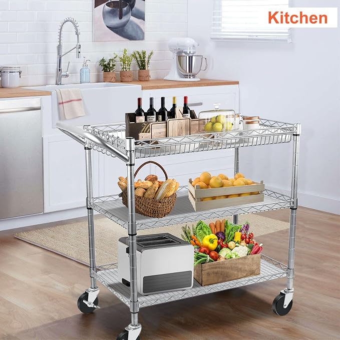 BolDuck Heavy Duty Utility Cart, 990Lbs Capacity 3 Tier Rolling Carts with Wheels, Kitchen Cart on Wheels with Storage, Commercial Grade Metal Serving Carts with Wire Shelving &Handle Bar, Silver