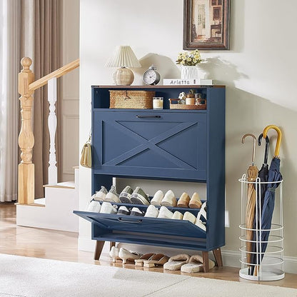 Shoe Storage Cabinet with 2 Flip Drawers, Farmhouse Shoe Organizer for Entryways, Narrow Hidden Rack & Open Storage, Free Standing Closet for Foyers, Hallways, Navy Blue