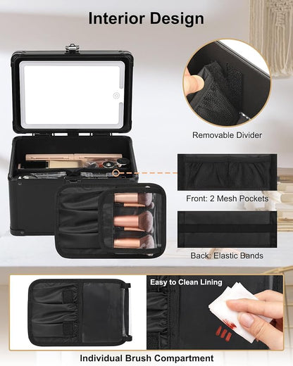 Relavel Makeup Bag with LED Mirror, Travel Cosmetic Train Case with 3 Colors Light up Mirror, Portable Makeup Aritst Storage Organizer Box with Brush Holder, Birthday Gifts for Women and Girls, Black