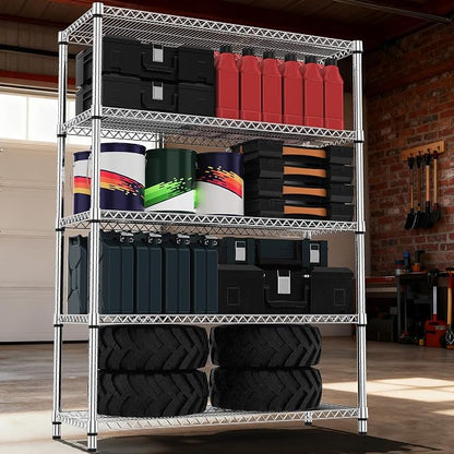 M MZG 5 Tiers Shelf Metal Storage Shelves 3300 lbs Steel Storage Shelving Utility Shelving Unit Steel Organizer Wire Rack for Home,Kitchen,Office,Garage Chrome 17.7" D x 47.2" W x 70.3" H