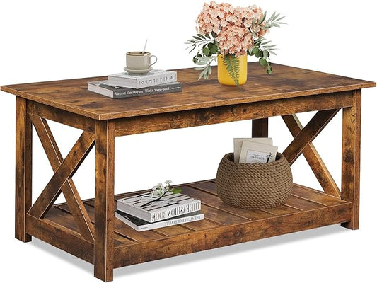 WLIVE Farmhouse Coffee Table for Living Room, 40.1" Rustic Center Table with X-Frame Support & Storage Shelf, 2-Tier Wood Coffee Tables for Bedroom & Balcony, Rustic Brown