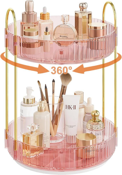 Rotating Makeup Organizer Countertop,Skincare Organizers,Spinning Perfume Tray Stand,Makeup Storage Organizer for Vanity,Bathroom Organizer and Storage,Lazy Susan,2 Tier,Pink