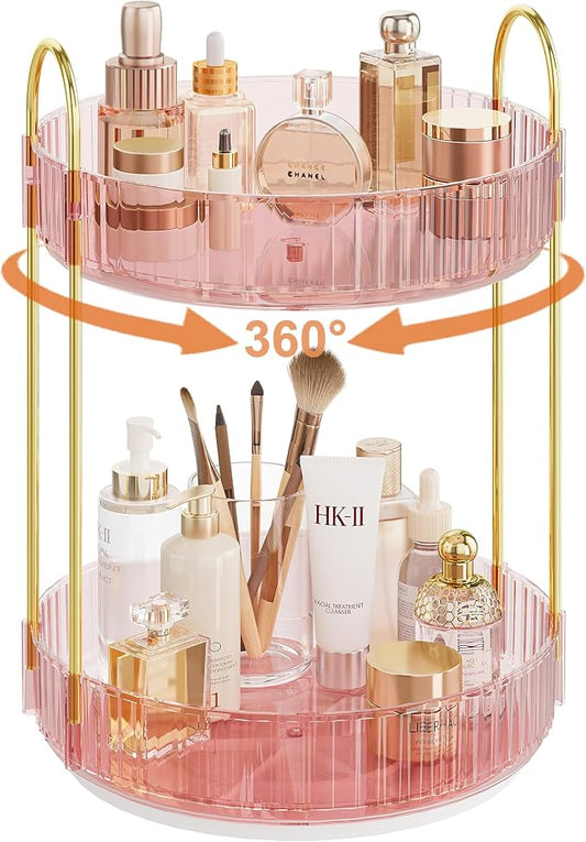Rotating Makeup Organizer Countertop,Skincare Organizers,Spinning Perfume Tray Stand,Makeup Storage Organizer for Vanity,Bathroom Organizer and Storage,Lazy Susan,2 Tier,Pink