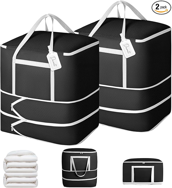 Comforter Storage Bag - 120L Bedding Storage Bags for Moving Closet, Washable Blanket Storage Bag, Ultra Space Saving Self Compression Organizer, 2-Pack, Black