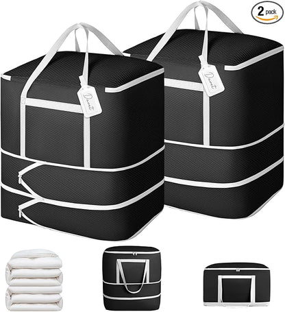 Comforter Storage Bag - 120L Bedding Storage Bags for Moving Closet, Washable Blanket Storage Bag, Ultra Space Saving Self Compression Organizer, 2-Pack, Black