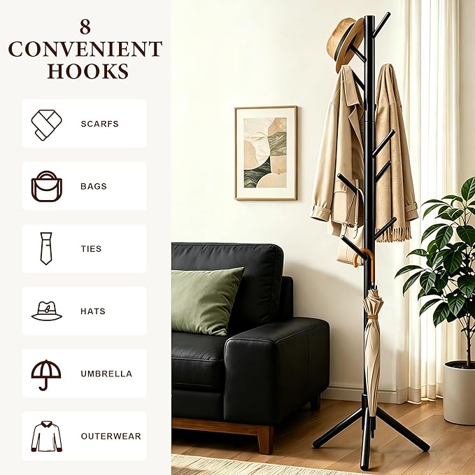 2 PC Wooden Coat Rack Freestanding with 8 Hooks & 3 Adjustable Sizes for Clothes, Space-Saving Design for Bedroom Office Entrance Holds Hats Coats Scarves Bags