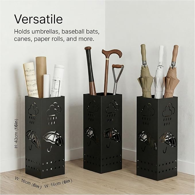BEWBBAT Umbrella Stand Rack for Entryway, Black Square Metal Umbrella Holder, Free Standing Umbrella Storage Organizer Bin with for Home Office Hotel Decor, 6 x 6 x 17 Inch, Hold 6 Umbrellas