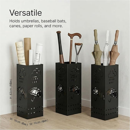 BEWBBAT Umbrella Stand Rack for Entryway, Black Square Metal Umbrella Holder, Free Standing Umbrella Storage Organizer Bin with for Home Office Hotel Decor, 6 x 6 x 17 Inch, Hold 6 Umbrellas