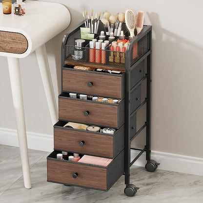 SWTYMIKI Rolling Makeup Organizer Cart - Under Desk Vanity Makeup Storage with 4 Non-woven Drawers, Nail Cart Organizer Cosmetic Display Cases Cabinet for Skin Care Perfume Nail Polish Brush Hair Tool