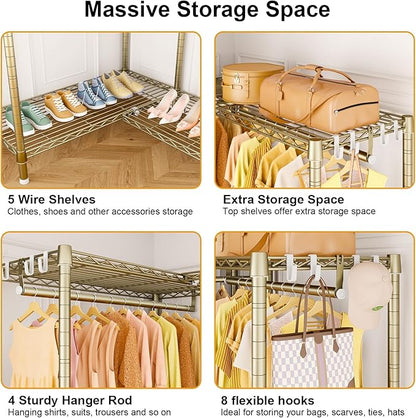 E15 Garment Rack L Shaped Clothes Rack for Corner，Freestanding Clothing Racks for Hanging Clothes，Heavy Duty Closet Organizer with 4 Hanging Rods & 8 S Hooks，43.4" W x 15.8" D x 78.4" H，Gold