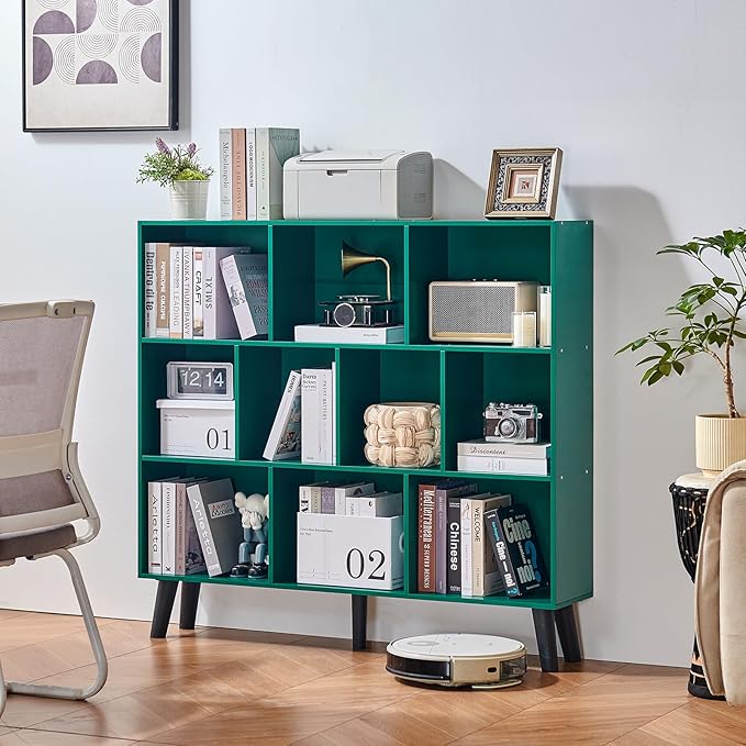 LEYAOYAO 10 Cube Bookshelf,3 Tier Modern Wide Bookcase with Legs,Mid-Century Wood Bookshelves Storage，Dark Green Large Book Case,Freestanding Organizer Display Shelf for Bedroom,Living Room,Office