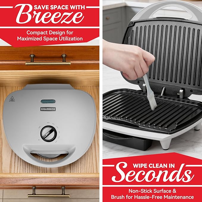 Family-sized Contact Grill, 6-Serving Electric Indoor Grill with Adjustable Temp Control, Ceramic Coating, 1500W, Silver