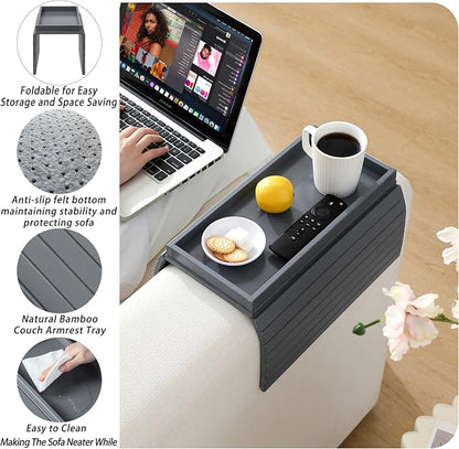Bamboo Couch Arm Tray Table，Foldable Sofa Armrest Tray Table for Couch，Flexible and Anti-Slip Couch Arm Cup Holder，Portable Sofa Arm Chair Table for Drink,Cups, Eats，Snacks, Phone, Remote (Gray)