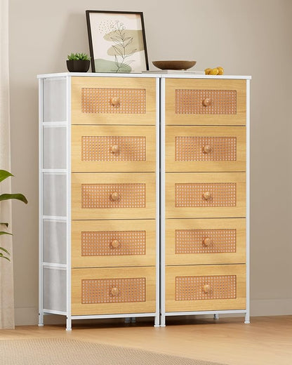 Crestlive Products Rattan Dresser, Tall Fabric Storage Tower, Chests of Drawers with Handles - Organizer Unit for Bedroom, Hallway, Entryway, Closets - 6 Drawers (White Top & Frame)