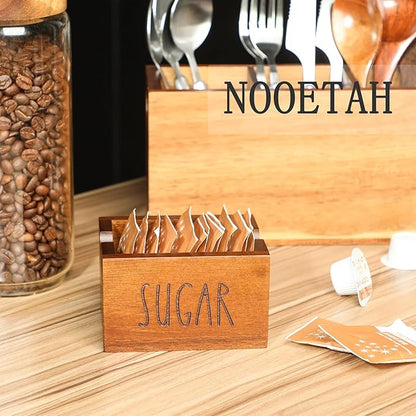 Acacia Sugar Packet Caddy for Coffee Bar, Farmhouse Wood Sugar Holder Packets , Sugar Packet Container, Small Tea Bag Organizer for Office Table,Hotel, Restaurant (Brown-Labeled SUGAR)