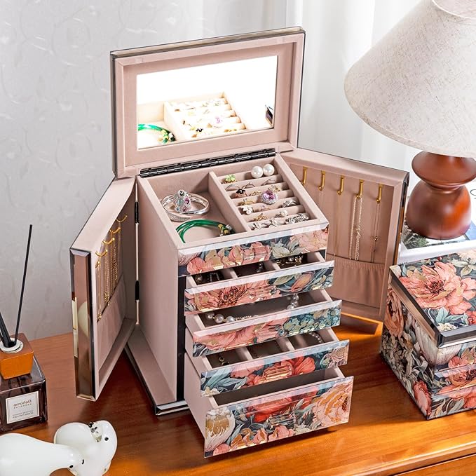 High End Glass Jewelry Box - 5 Layer Jewelry Organizer with 2-Sided Doors and Mirror - Velvet-Lined Organizer For Ring, Necklace, Earring, Bracelet Storage - Christmas Gifts For Women