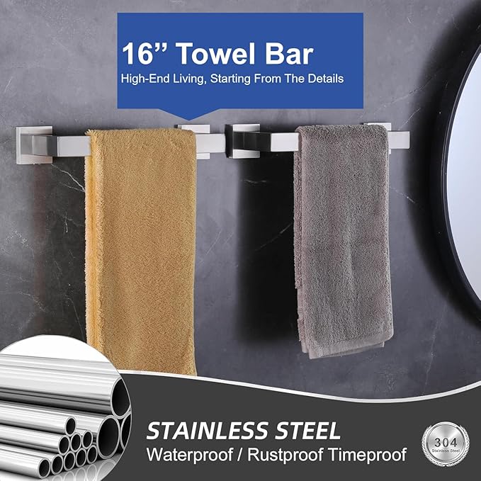 Towel Bar for Bathroom 16 Inch Brushed Nickel Towel Holder 12/16/20/24/28/32/36 Inch Stainless Steel SUS304 Rustproof Towel Rack Modern Square Towel Rod for Bathroom Wall (1, Brushed Nickel, 16 Inch)