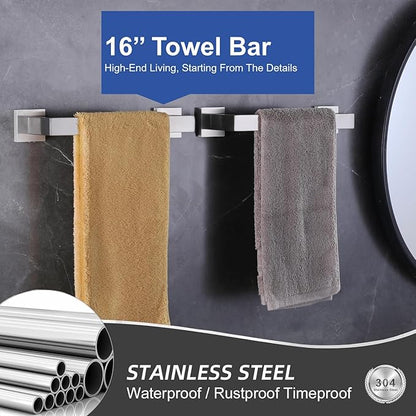 Towel Bar for Bathroom 16 Inch Brushed Nickel Towel Holder 12/16/20/24/28/32/36 Inch Stainless Steel SUS304 Rustproof Towel Rack Modern Square Towel Rod for Bathroom Wall (1, Brushed Nickel, 16 Inch)