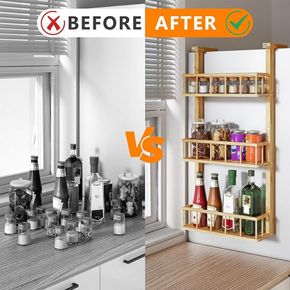 Hanging Spice Rack for Refrigerator - 3 Tier Bamboo Kitchen Counter Shelf Organizer for Can Seasoning Storage, Adhesive to Fridge & Pantry Side