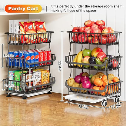 3 Tier Rolling Pantry Floor Organizers and Storage Cart with Wheels, Fruit Basket Stand on Wheels, Vegetable Baskets for Kitchen, Three Tiered Pantry Shelves Organzier for Snack, Produce, Potato,Onion