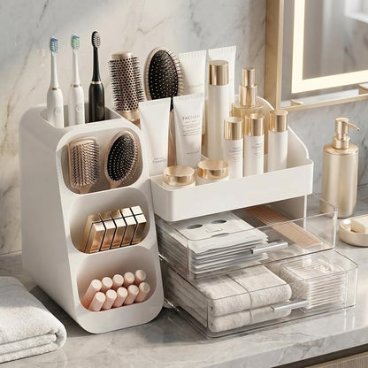 Makeup Organizer for Vanity - Large Skincare Organizers Countertop, Cosmetic Organizer with Brush Holder and 2 Drawer, Makeup Storage for Lipsticks, Nail Polishes, Eyeshadow Palettes, White