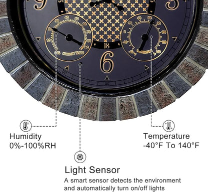OCEST 18 Inch Large Outdoor Clock Waterproof Thermometer Hygrometer Combo Night Light Illuminated Wall Clocks Battery Operated Silent Non-Ticking Ideal Patio Clock for Garden Pool Porch Yard Garage