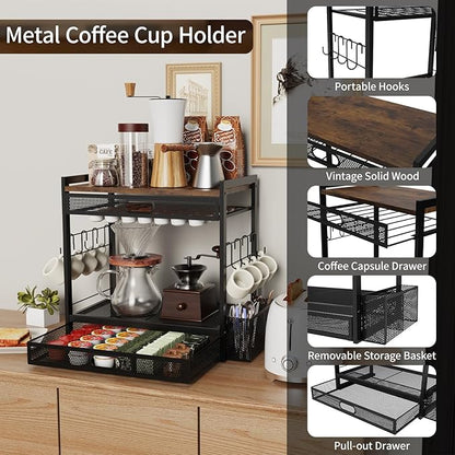 Coffee Bar Organizer Station with CoffeePod Drawer Mug Cup Holder and Tea Condiment Storage for Countertop Organizer CoffeeBar Accessories for Kitchen,Home,Office