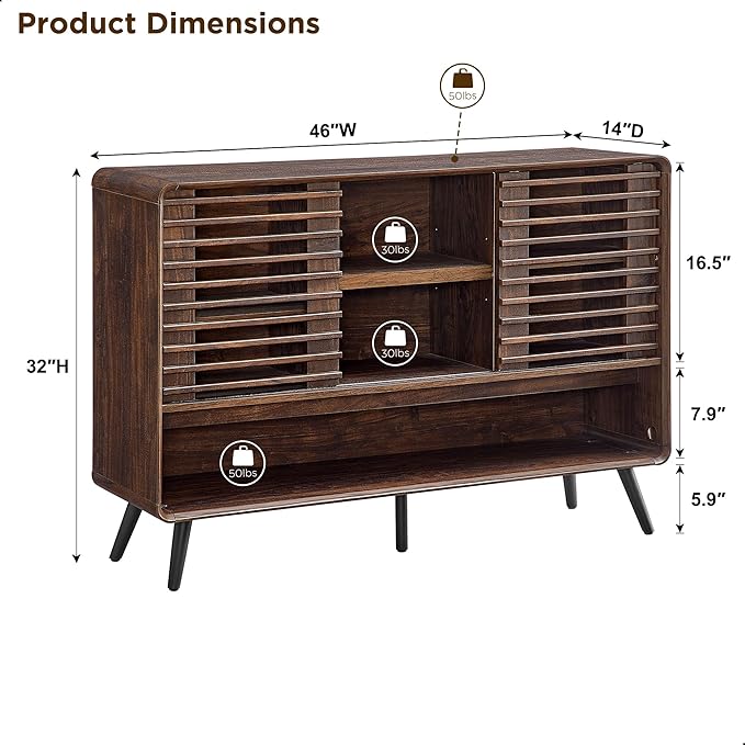 OKD Entryway Table with Sliding Slatted Door, 46" Mid Century Modern Wood Console Table w/Adjustable & Open Storage Shelf, Sofa Table Behind Couch for Hallway, Foyer, Living Room, Dark Walnut