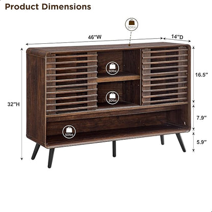 OKD Entryway Table with Sliding Slatted Door, 46" Mid Century Modern Wood Console Table w/Adjustable & Open Storage Shelf, Sofa Table Behind Couch for Hallway, Foyer, Living Room, Dark Walnut