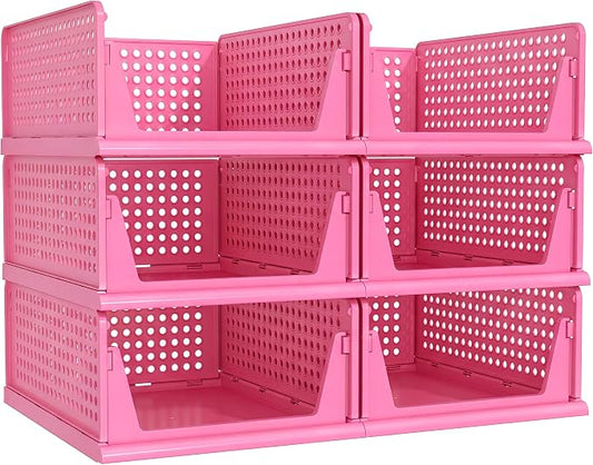 Pink Girl Closet Organizers and Storage Stackable Plastic Drawer Basket for Clothing Stackable Storage Bins Shelf Storage Container for RV Closet Wardrobe Bedroom Bathroom Playroom 6 Pack