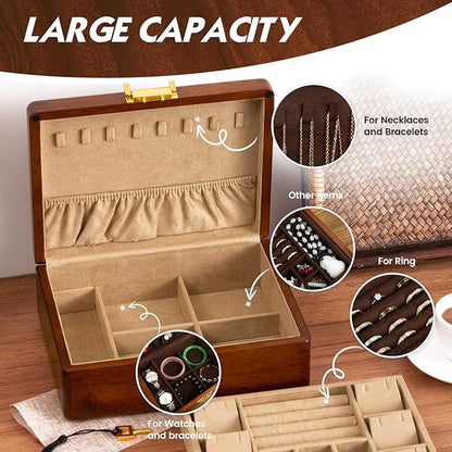 Wooden Jewelry Box with Lock,Double Layer Solid Walnut Wood Jewelry Organizer With Key Velvet Lining for Earrings Rings Necklaces Bracelets Cufflink Pendants Gift Idea Men Women