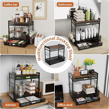Coffee Bar Organizer Station with CoffeePod Drawer Mug Cup Holder and Tea Condiment Storage for Countertop Organizer CoffeeBar Accessories for Kitchen,Home,Office