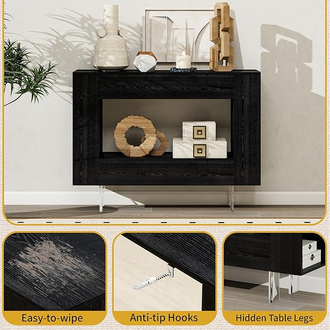 Narrow Console Table with Hidden Side Storage Cabinets, Adjustable Shelves, Modern Black Entryway Sofa Table for Behind The Couch, Living Room, Hallway, Black