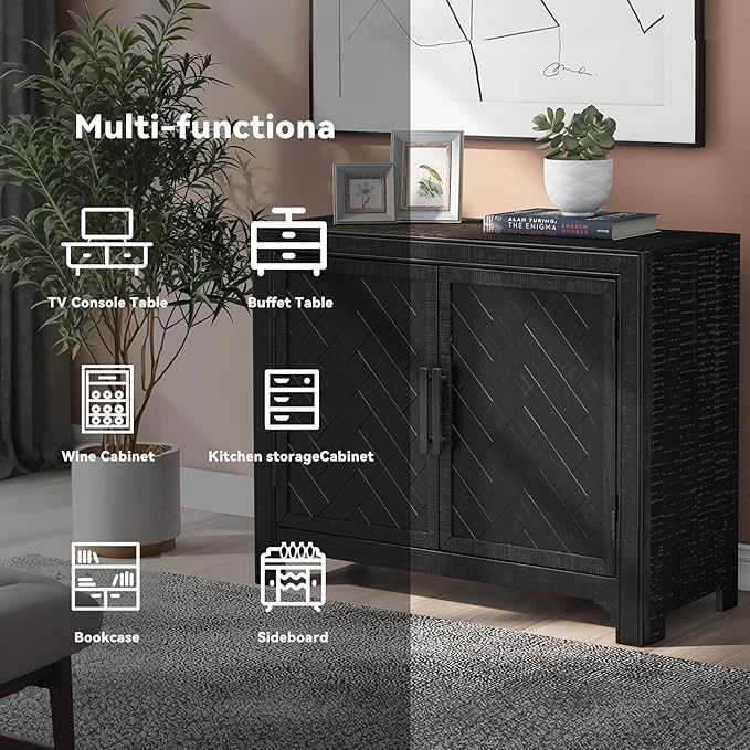 HMFULE 40" Sideboard Cabinet 2-Doors Solid Wood, Retro Buffet Cabinet with Storage Adjustable Shelf, Console Table Accent for Hallway, Living Room, Dining Room, Kitchen, Entry Way (Black)