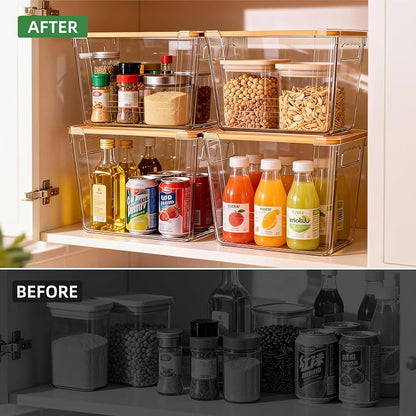 2 Pack Clear Storage Bins with Bamboo Lid, Garbage Bag Dispenser, Pantry Organizers and Storage for Onion Potato, Under Sink Organizer for Kitchen Laundry Room