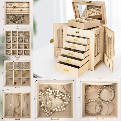 AKOZLIN 6-Tier Jewelry Box Organizer Functional Leather Jewelry Storage Case for Women Girls Ring Necklace Earring Bracelet Holder Organizer with Mirror