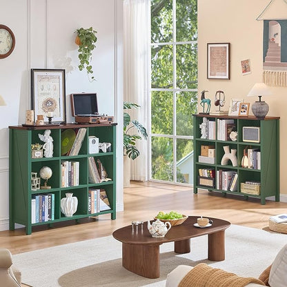 9 Cube Storage Organizer, Farmhouse 47 Inch Wide Vintage Green Bookshelf, Wooden 3 Tier Display Large Open Book Shelf, Rustic Bookcase for Home Office, Cubby Storage Cabinet for Living Room