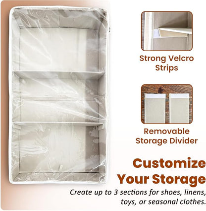 Large Under Bed Storage, 2 Pack Under Bed Storage Containers with Clear Cover, Reinforced Handles and Label Pocket for Dorms, Clothes, Shoes, Blankets, Linens, Only Needs 6" of Clearance