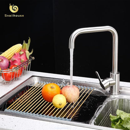Snailhouse Roll Up Dish Drying Rack, Stainless Steel Dish Drainer Over The Sink with Anti-Slip Silicone for Kitchen Counter, Gold (17.8 x 11.8 in) | Stainless Steel Dish Drainer Over the Sink with Anti-Slip Silicone