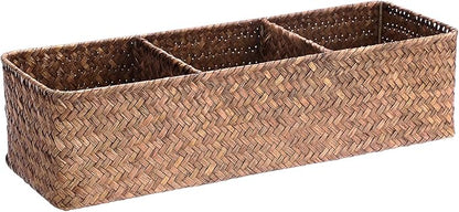 Hipiwe Handwoven Wicker Storage Box 3 Sections Seagrass Basket Bin Toilet Paper Holder for Bathroom Shelf Organizer for Kitchen Living Room, Coffee Color
