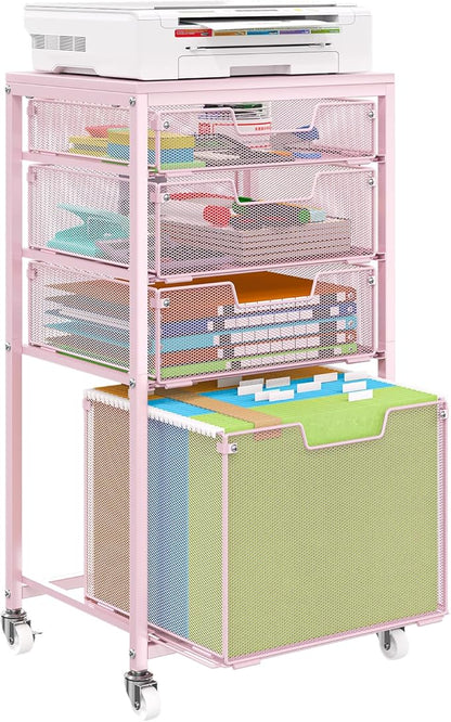 Sbanmao 4 Drawer Rolling File Cart Under Desk Storage, File Cabinets for Home Office, Mobile Filing Cabinet, Hanging File Organizer with Wheels, Utility Cart Printer Stand, Pink