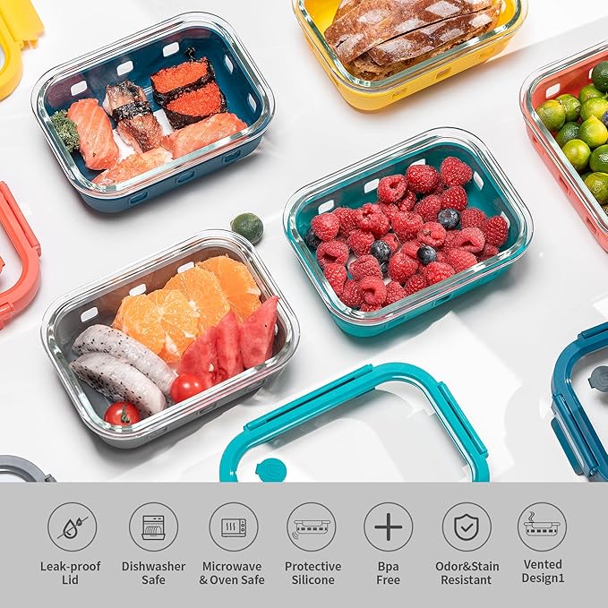 GENICOOK Glass Meal Prep Containers with Glass Lids, 5 Pack 22 oz Airtight Food Storage Containers with Silicone Sleeves, BPA-Free Borosilicate Glass, Microwave Freezer Safe