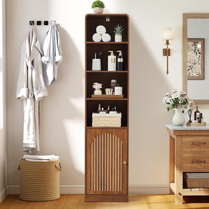 67" Tall Slim Bathroom Storage Cabinet, Narrow Bathroom Towel Cabinet with Arched Door and Adjustable Shelves, Mid Century Modern Laundry Room Organization for Small Space, Kitchen, Living Room,Walnut